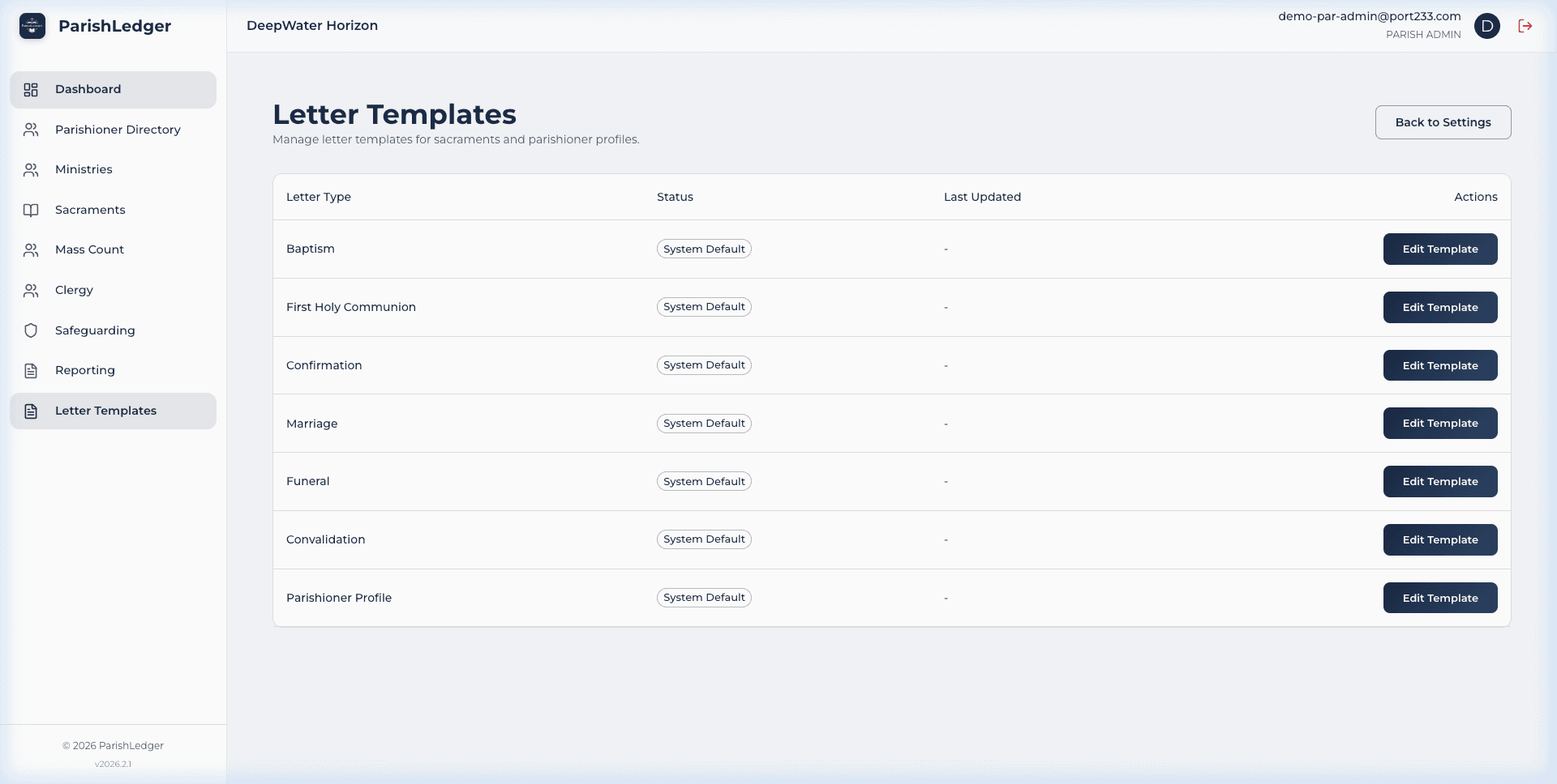 Letter and Certificate Templates in ParishLedger