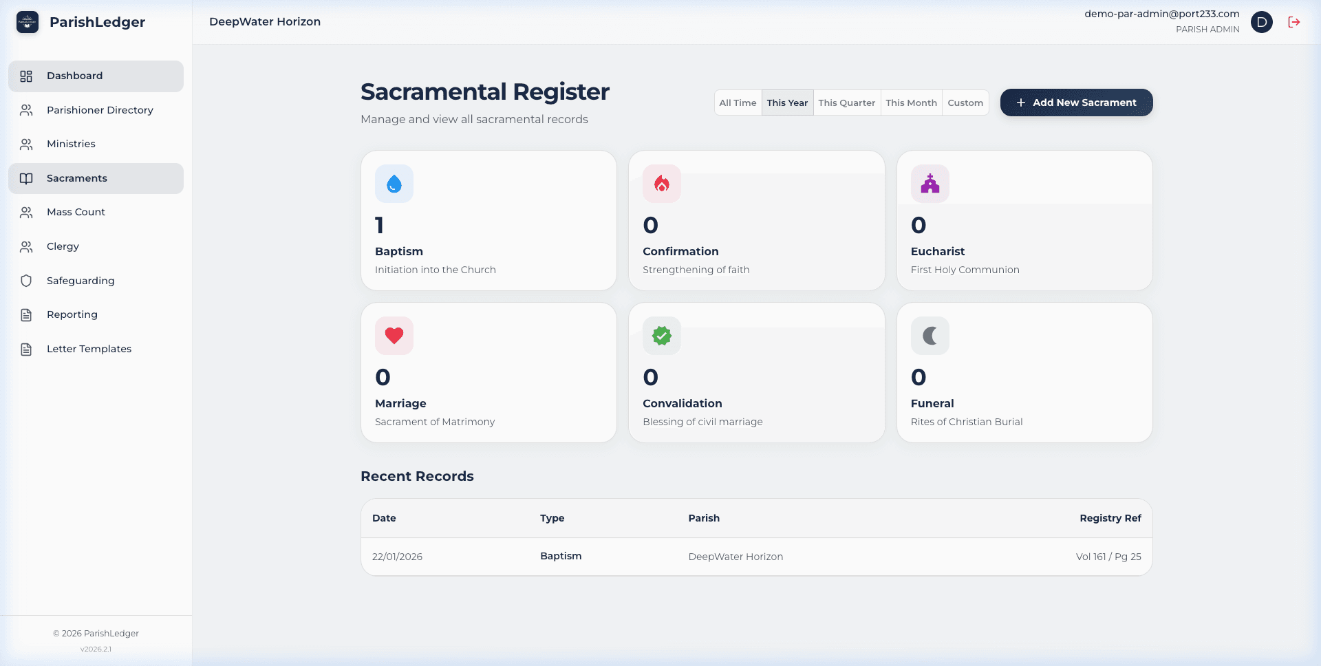 Sacramental Register in ParishLedger